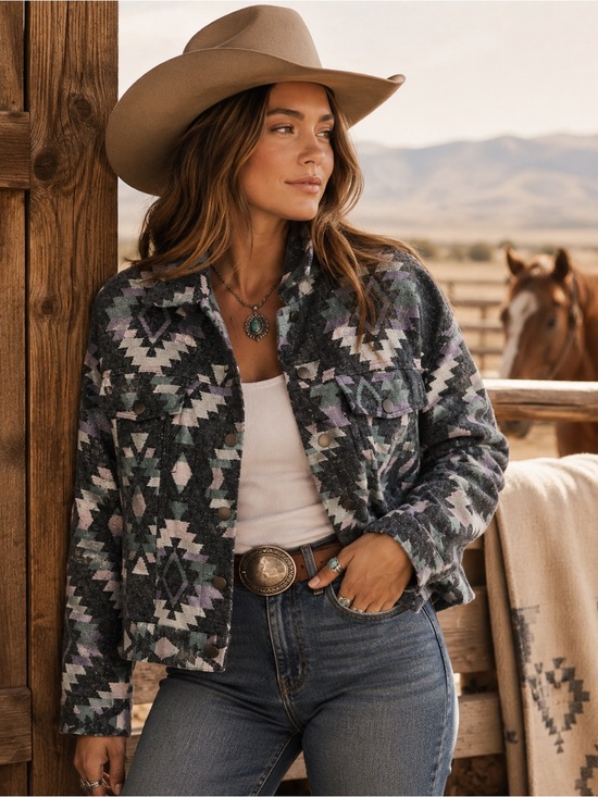 Blue B Jackets & Blazers - Blue B Aztec Western Shacket Jacket Gray Lavender Cropped Snap Front Small